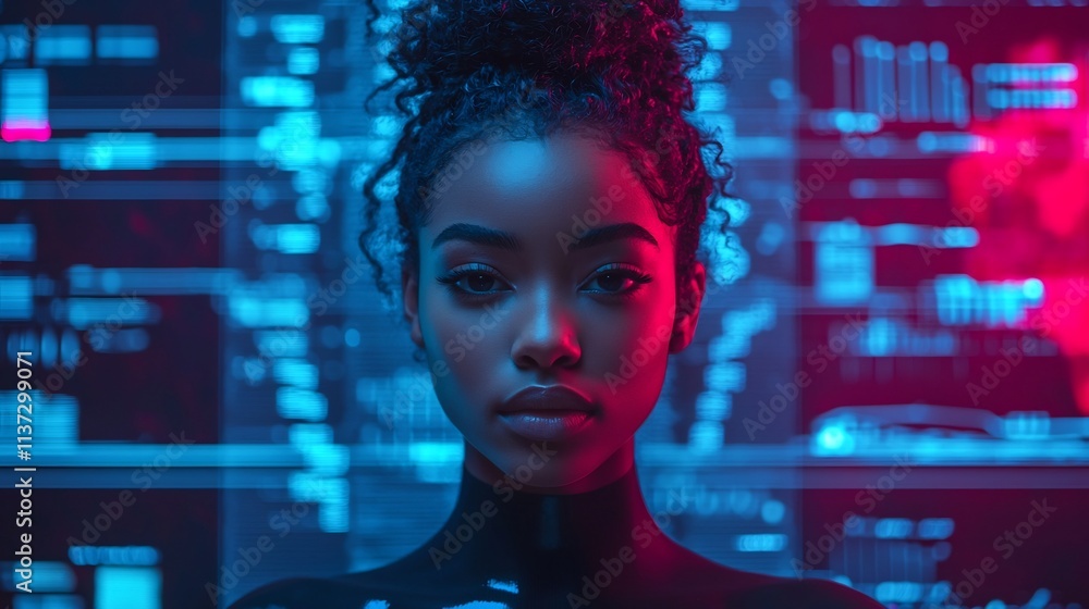 Ambitious Woman Amidst Holographic Data Display Conveying Determination and Vision for the Future Ambitious Woman Amidst Holographic Data Display Conveying Determination and Vision for the Future