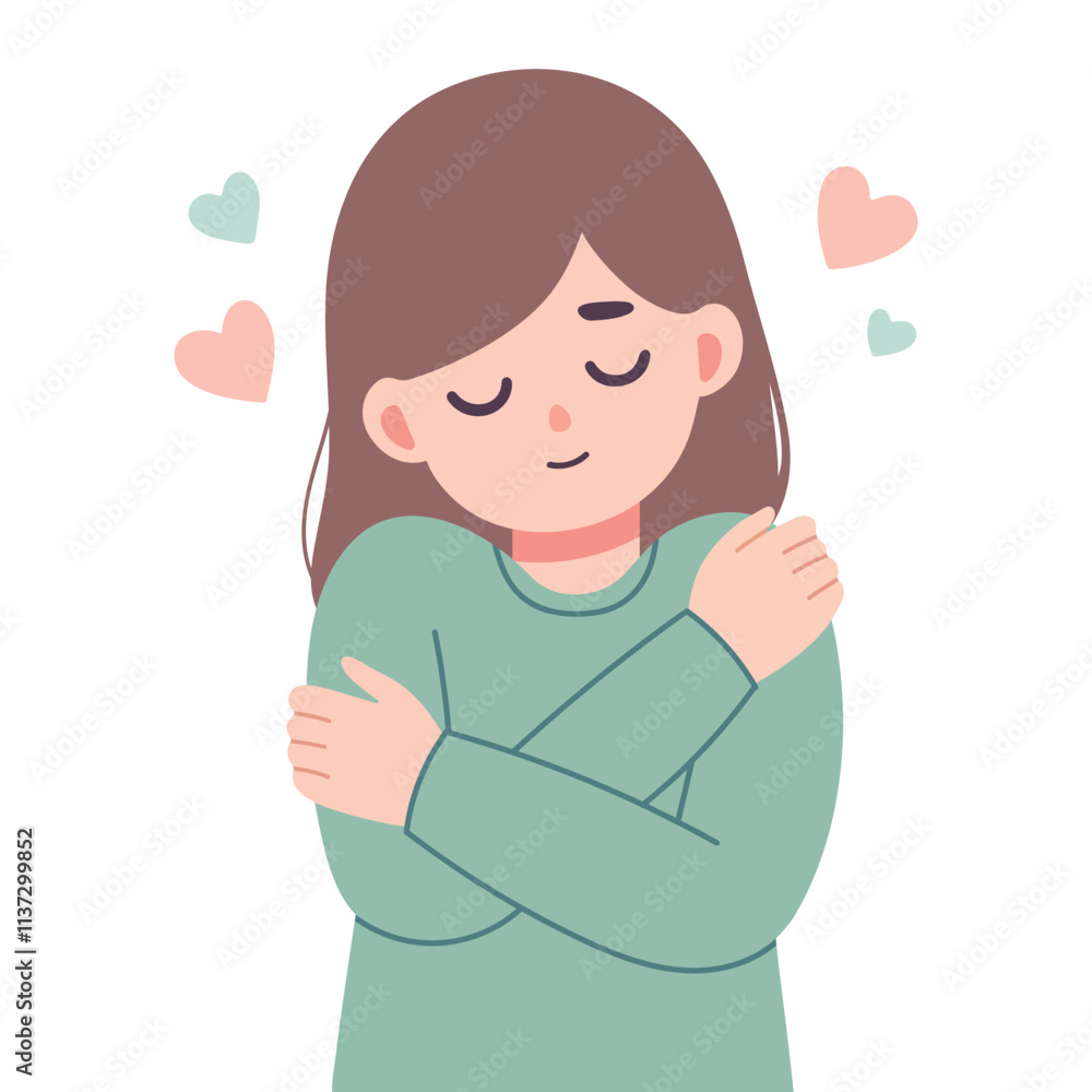 Flat Vector Art of a Woman Embracing Herself with the Concept of Self Love and Mental Health Flat Vector Art of a Woman Embracing Herself with the Concept of Self Love and Mental Health