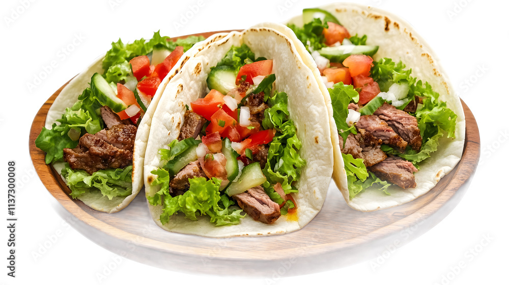 Beef taco on a wooden plate on a transparent background. isolated background. Beef taco on a wooden plate on a transparent background. isolated background.