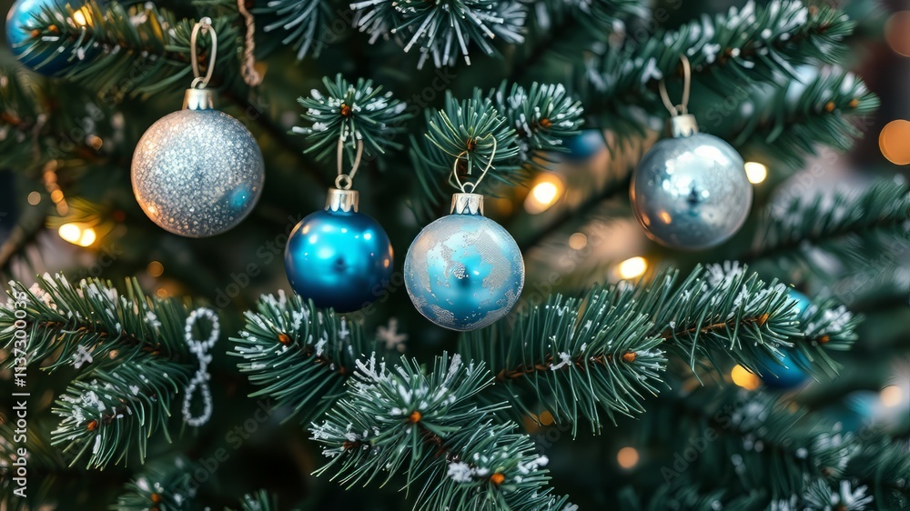 Christmas Pine Tree Silver Blue Ornaments Holiday Decor AI Photo, Festive Holiday Scene, Sparkling Christmas Tree Christmas Pine Tree Silver Blue Ornaments Holiday Decor AI Photo, Festive Holiday Scene, Sparkling Christmas Tree