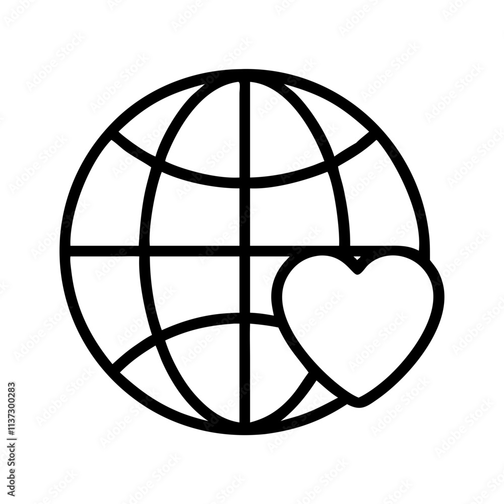 globe with heart icon, day of peace line art, day of peace icon - simple black line art icon of globe with heart, for day of peace celebrations. day of peace vector art.