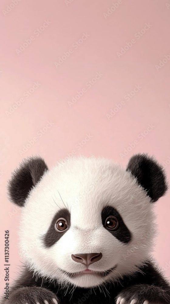 Fototapeta premium Adorable Baby Panda Peeking Over Bottom Edge with Curious Expression on Soft Pink Pastel Background for Mobile Wallpaper