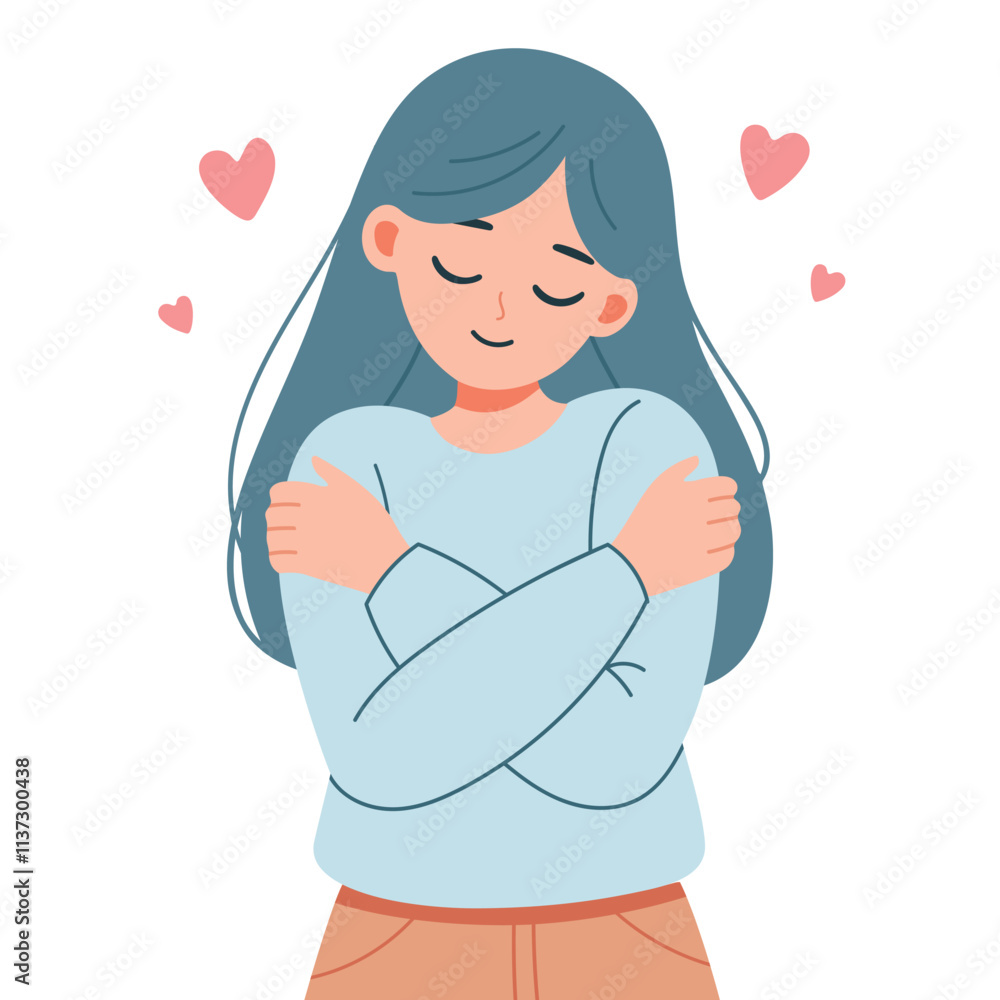 Flat Vector Art of a Woman Embracing Herself with the Concept of Self Love and Mental Health Flat Vector Art of a Woman Embracing Herself with the Concept of Self Love and Mental Health
