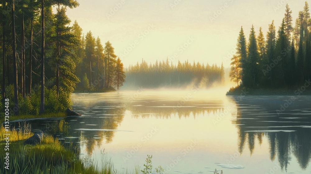Forest lake at sunrise in Finland, soft golden light, icy mist, crystal-clear reflections, towering trees, and calm water. Forest lake at sunrise in Finland, soft golden light, icy mist, crystal-clear reflections, towering trees, and calm water.