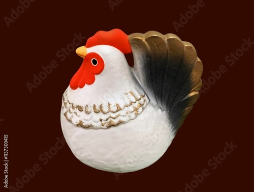 The deep red background in the picture is a fat white chicken doll with a bright red crest and chin, black eyes, a yellow beak and a beautiful black and brown tail mixed with beautiful white plaster. photo