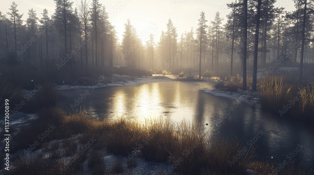 Forest lake in Finland glowing at sunrise, frost sparkling, mist rising from water, and golden light reflecting. Forest lake in Finland glowing at sunrise, frost sparkling, mist rising from water, and golden light reflecting.