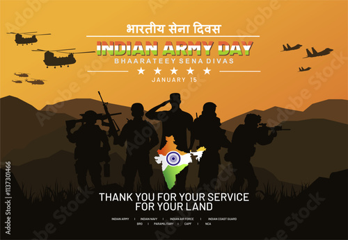 Happy Indian Army Day 15th January 2025 Background with Indian Armed Force Silhouette and Indian Text. Bhaarateey Sena Divas means Indian Army Day. Kargil Vijay Diwas VEctor Illustration. 