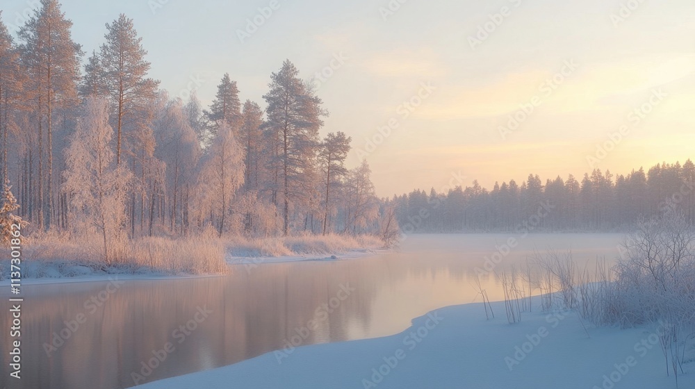 Frosty Finnish morning at a forest lake, golden light streaming, mist, calm reflections, and majestic trees. Frosty Finnish morning at a forest lake, golden light streaming, mist, calm reflections, and majestic trees.