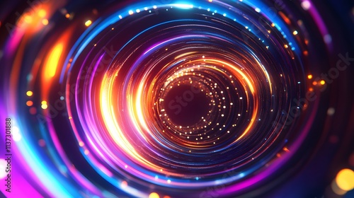 Abstract circular light trails with glowing particles in vibrant colors.