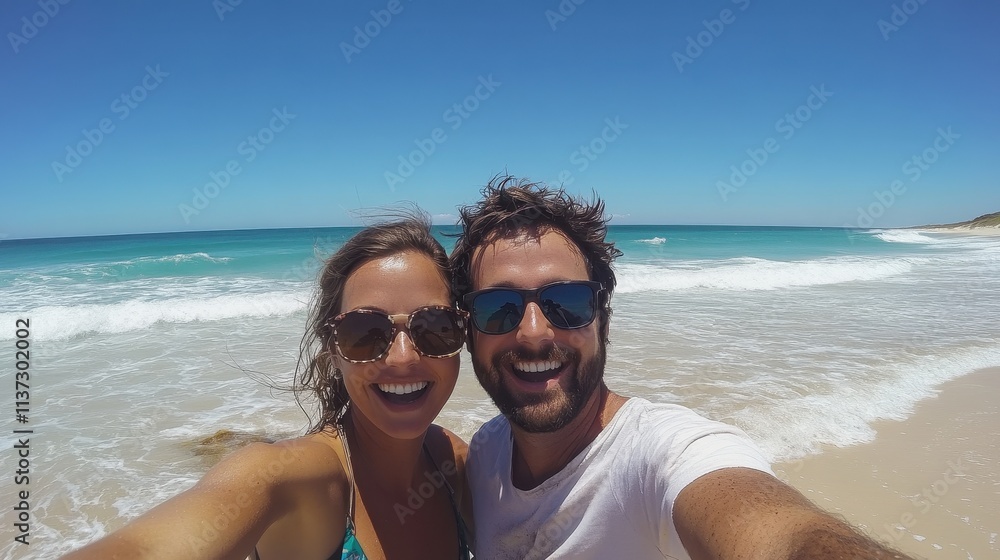 Happy couple taking selfie on sunny beach. Perfect for travel, romance, or summer themes. Happy couple taking selfie on sunny beach. Perfect for travel, romance, or summer themes.