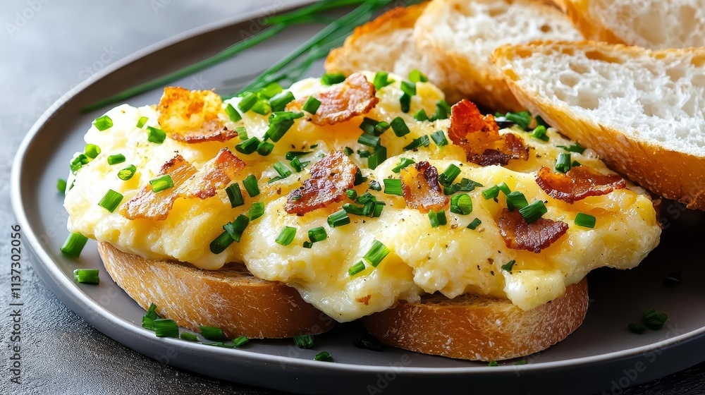 Delicious scrambled eggs on toasted bread, topped with crispy bacon and fresh chives, perfect for a hearty breakfast. Delicious scrambled eggs on toasted bread, topped with crispy bacon and fresh chives, perfect for a hearty breakfast.