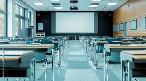 Modern classroom interior featuring empty desks and a projector screen, ideal for educational purposes and presentations. photo