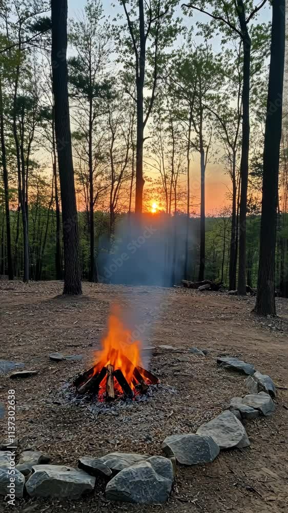 Sunset view over a tranquil campsite with a crackling campfire surrounded by tall trees Sunset view over a tranquil campsite with a crackling campfire surrounded by tall trees
