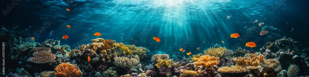 Fototapeta premium Vibrant Underwater Coral Reef Scene: Colorful Fish, Diverse Corals, Sunlight Illuminating Deep Blue Water with Dynamic Movement