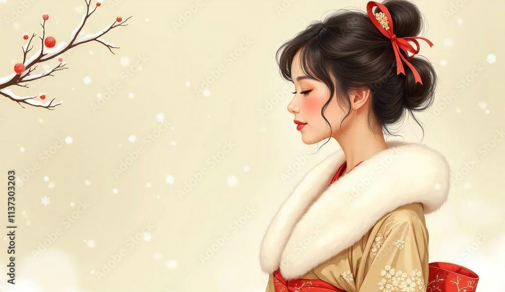 Fototapeta premium Japanese woman in a kimono with fur in a snowy landscape