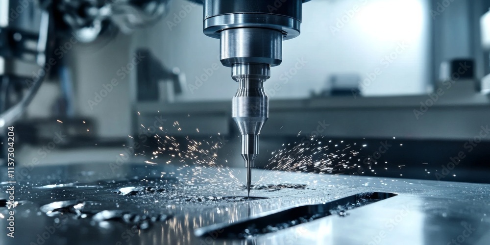 Close-up view of drilling machine at work in industrial workshop setting, drilling hole in metal with sparks flying Close-up view of drilling machine at work in industrial workshop setting, drilling hole in metal with sparks flying