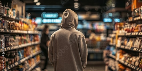 Contemplative person in a store aisle filled with household items, surrounded by blurry background of a busy store