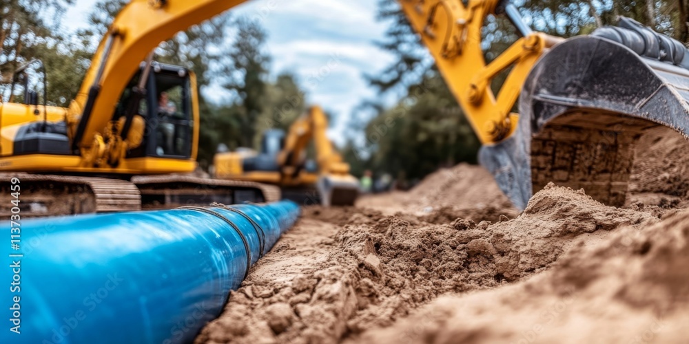 Excavators at work in a construction site with a blue pipeline, set against a forested background and clear sky Excavators at work in a construction site with a blue pipeline, set against a forested background and clear sky
