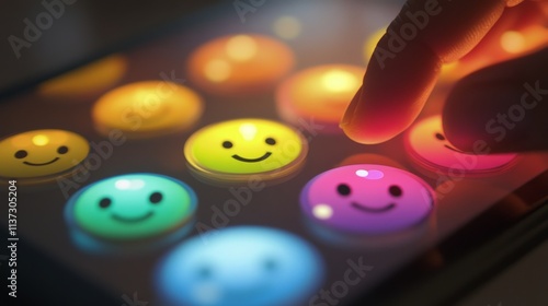 86.A close-up view of a digital survey interface on a smartphone screen, displaying a row of smiley faces from sad to happy for customer feedback. The userâ€™s finger is seen tapping on the happiest photo