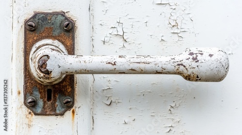 35.Detailed view of an emergency exit doorâ€™s push bar mechanism, showing the steel handle and latch on a slightly peeling white door, with intricate textures of rust and age visible on the metal. photo