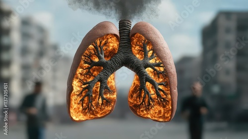 Smoke filled lungs superimposed on a street scene with people smoking in the background, concept of public exposure to secondhand smoke, urban backdrop