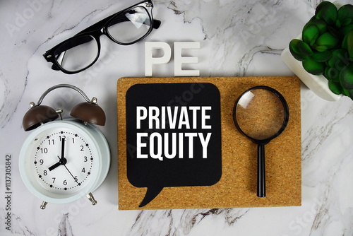 PE - Private Equity acronym with alarm clock and magnifying glass, business concept background photo