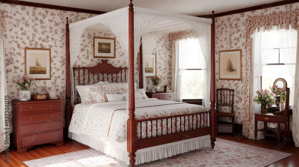 Fototapeta premium Vintage Inspired Bedroom with Cozy Four Poster Bed and Antique Furnishings