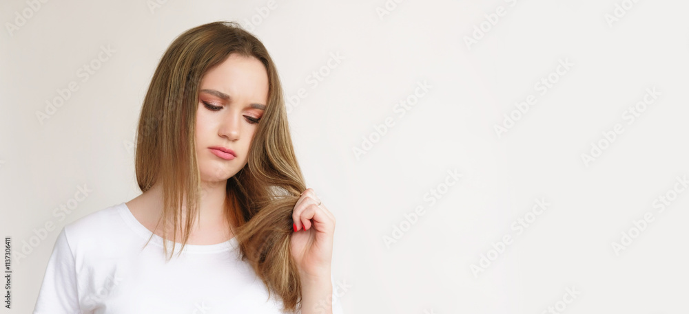 Hair therapy. Repair treatment. Disappointed beautiful lady in white t-shirt looking at dry damaged bad ends isolated on light copy space background. Hair therapy. Repair treatment. Disappointed beautiful lady in white t-shirt looking at dry damaged bad ends isolated on light copy space background.