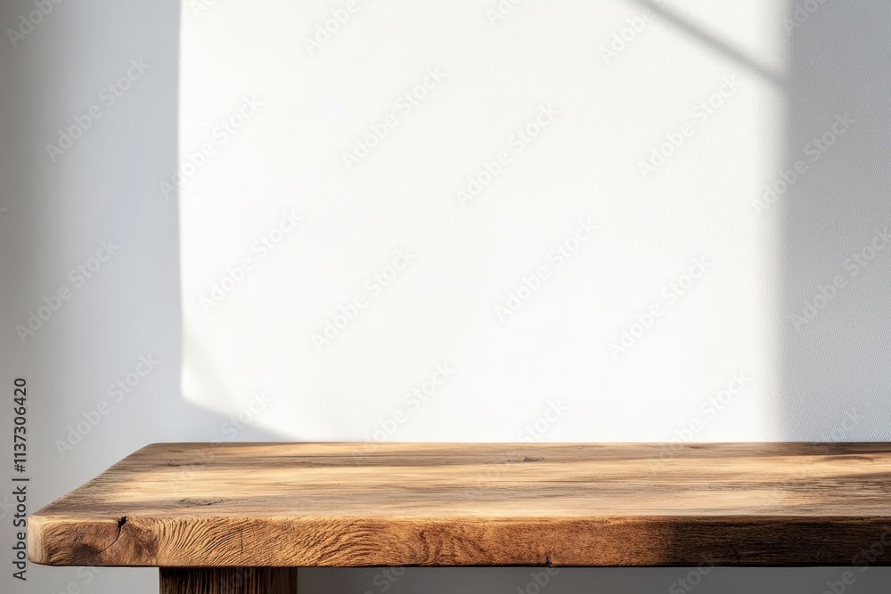 Rustic Wooden Tabletop Against a White Wall with Sunlight Rustic Wooden Tabletop Against a White Wall with Sunlight
