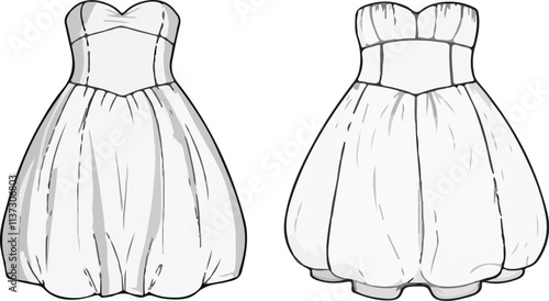 Print  Tube Bubble Hem Dress, Balloon Hem Dress Front and Back View. Fashion Illustration, Vector, CAD, Technical Drawing, Flat Drawing, Template, Mockup.