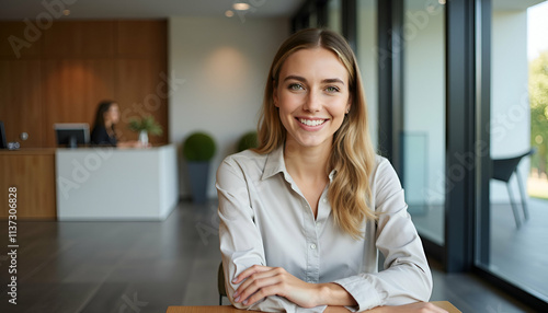 Professional Receptionist at a Modern Corporate Lobby Desk
