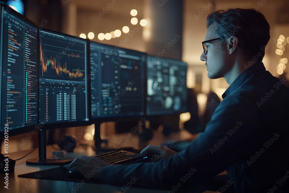 Data analyst works late at night in a modern office surrounded by digital screens Data analyst works late at night in a modern office surrounded by digital screens