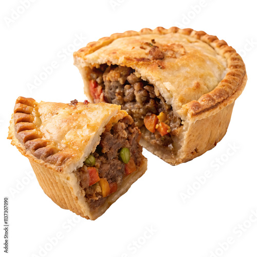 Tableau sur toile A savory meat pie with a slice cut to reveal minced meat, peas, and carrots fill