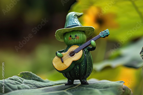 A zucchini holding a tiny guitar, strumming and singing, as a vegetable troubadour photo