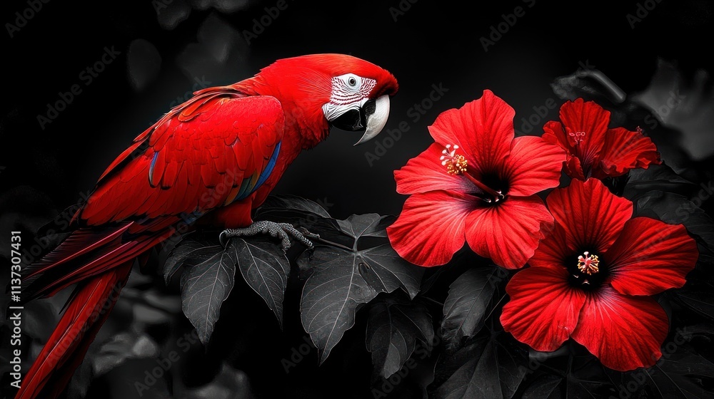 Fototapeta premium Scarlet Macaw and Hibiscus: A Vibrant Contrast