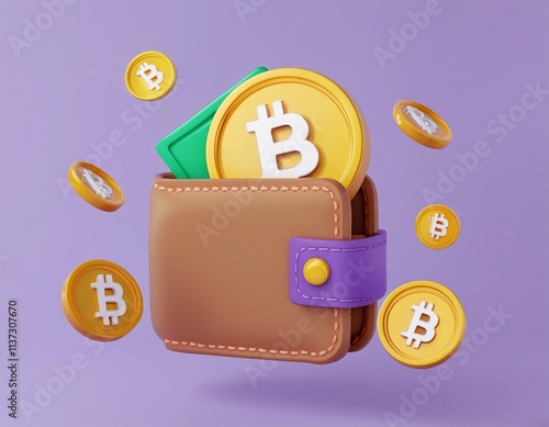 3D digital wallet overflowing with Bitcoin and cash photo