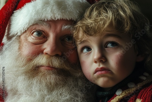 Xmas digital ads conceptual art artwork for poster and social media use. Happy christmas, Ñute child boy dejected with santa claus. Xmas photo ads. Holiday season campaigns. Festive charm ad. photo