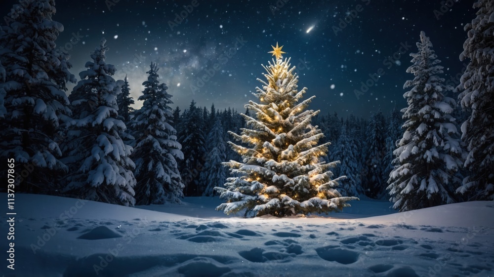 christmas tree in snow at night with shiny christmas tree in snow at night with shiny