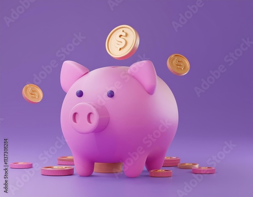 3D pink piggy bank sits surrounded by coins with more coins playfully falling towards it