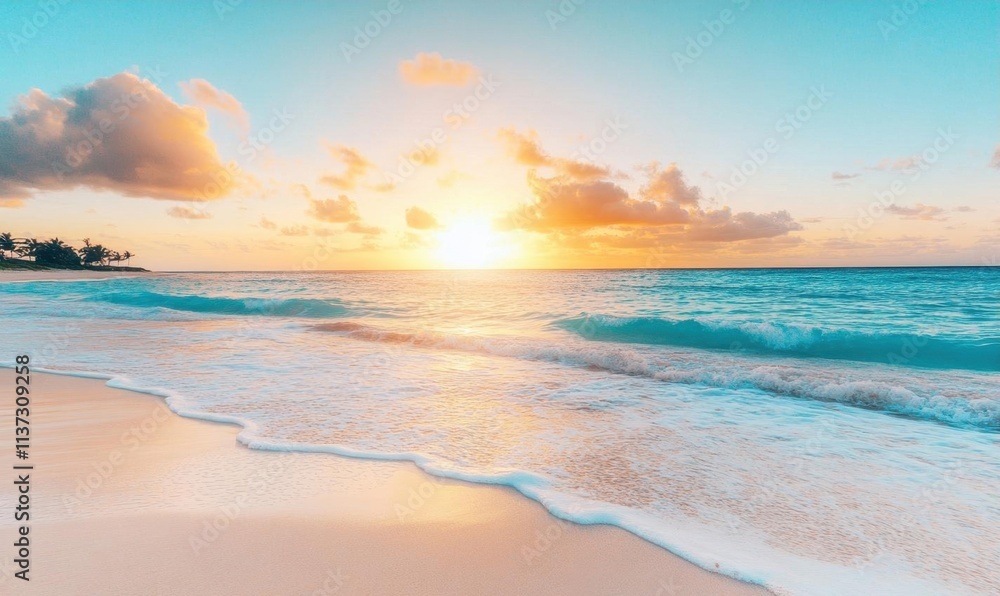 Serene beach scene at sunset with gentle waves and soft clouds. Serene beach scene at sunset with gentle waves and soft clouds.