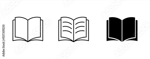 Books icon set. Open books icon with different style. Open Brochure. Learning. Library. Open book line and flat icon. Open books sign and symbol. Vector illustration.
