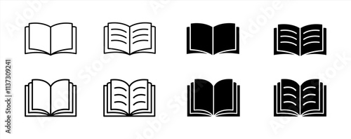 Books icon set. Open books icon with different style. Open Brochure. Learning. Library. Open book line and flat icon. Open books sign and symbol. Vector illustration.