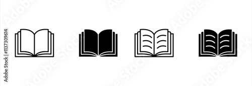 Books icon set. Open books icon with different style. Open Brochure. Learning. Library. Open book line and flat icon. Open books sign and symbol. Vector illustration.