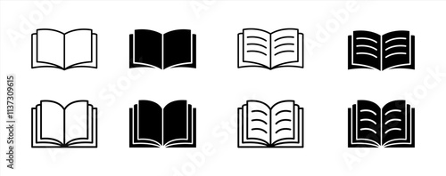 Books icon set. Open books icon with different style. Open Brochure. Learning. Library. Open book line and flat icon. Open books sign and symbol. Vector illustration.