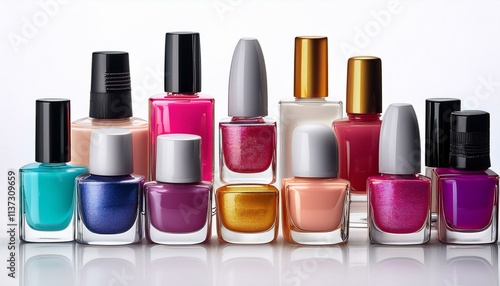 Nail Polish Collection: A vibrant array of nail polish bottles in various colors and finishes, showcasing a spectrum of shades for diverse manicure styles. 