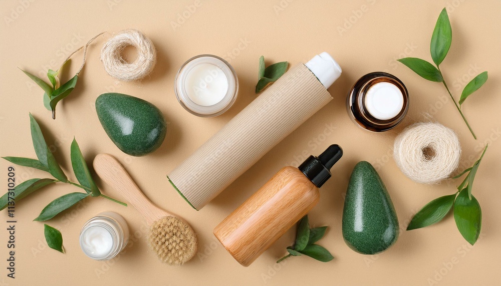 Natural Beauty Essentials: A flat lay showcasing a collection of eco-friendly bath and body products, featuring natural ingredients and sustainable packaging. Natural Beauty Essentials: A flat lay showcasing a collection of eco-friendly bath and body products, featuring natural ingredients and sustainable packaging.