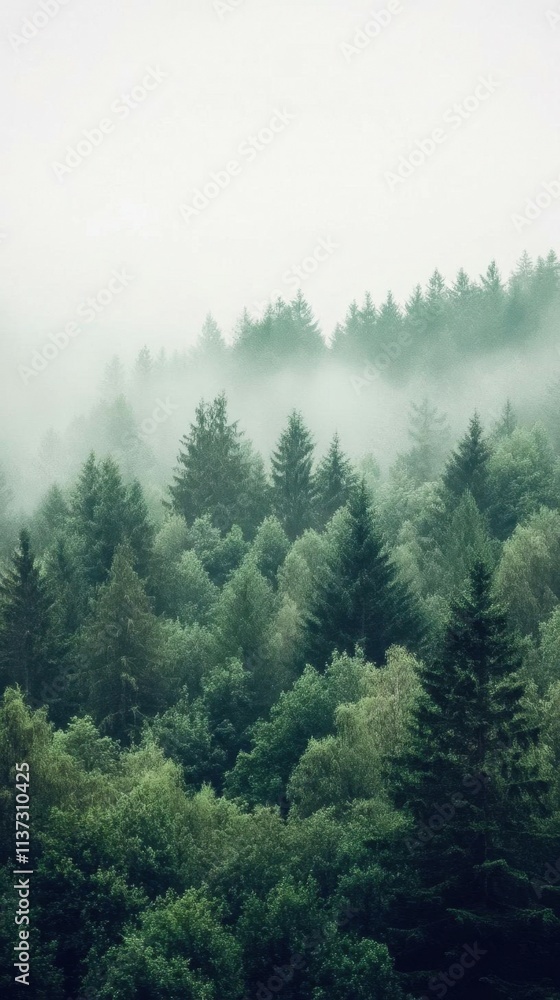A misty forest landscape with dense greenery and towering trees. A misty forest landscape with dense greenery and towering trees.