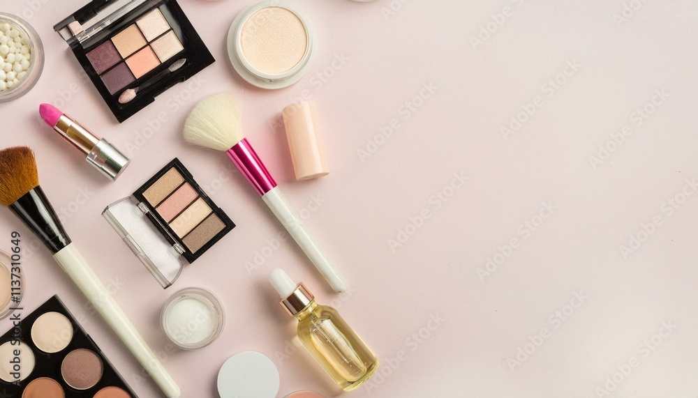 Makeup Artistry Flatlay: Beauty essentials arranged on a soft pink background, featuring eyeshadow palettes, brushes, lipstick, and skincare products. Perfect for beauty blogs, magazines. Makeup Artistry Flatlay: Beauty essentials arranged on a soft pink background, featuring eyeshadow palettes, brushes, lipstick, and skincare products. Perfect for beauty blogs, magazines.