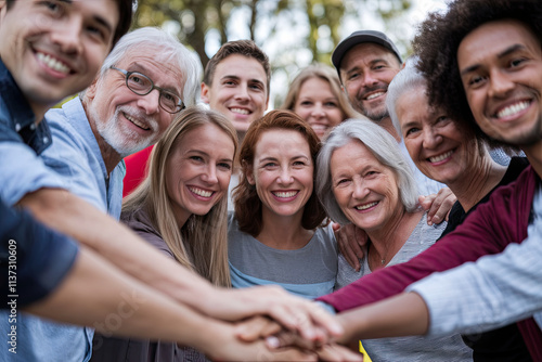 Diverse group of people of all ages and backgrounds smiling together, symbolizing unity
