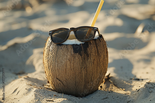 A coconut drink with a straw wearing sunglasses, sitting on a sandy surface photo